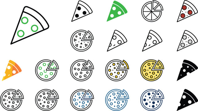 Pizza icons set featuring colorful flat outline and silhouette illustrations of whole pizzas and delicious slices with pepperoni toppings for fast food restaurant graphics