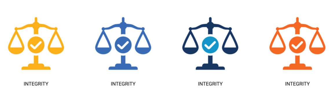 Business integrity and justice scale solid icon set, checkmark balance law symbol, corporate compliance and legal ethics vector.