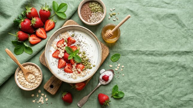 Healthy strawberry yogurt bowl with oats, seeds, and honey for a nutritious breakfast
