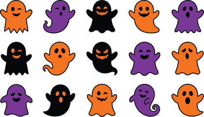 Fototapeta premium Halloween Ghosts and Smiling Pumpkin Faces Vector Icon Set in Flat Cartoon Style