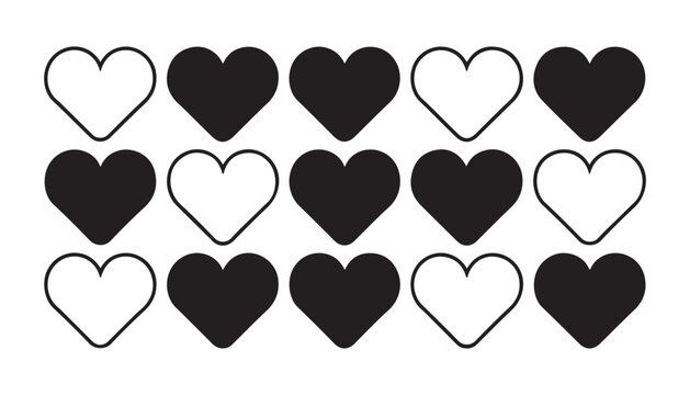 Collection of various heart shapes design elements filled and outline icons isolated on grid pattern.