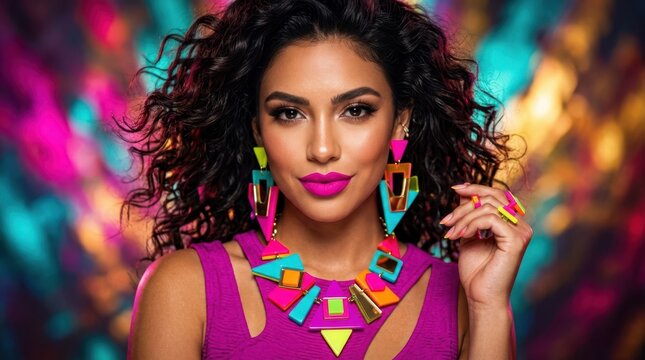 Vibrant woman with bold geometric jewelry and bright makeup in a retro style