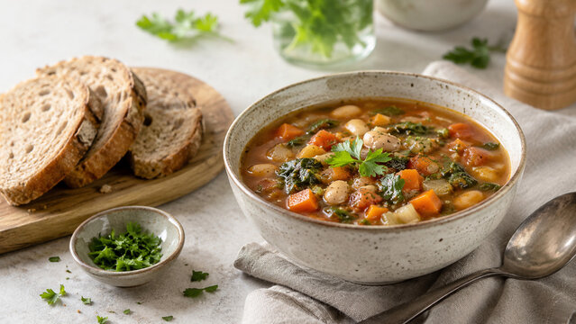 Homemade plant based vegetable soup with beans and whole grain bread