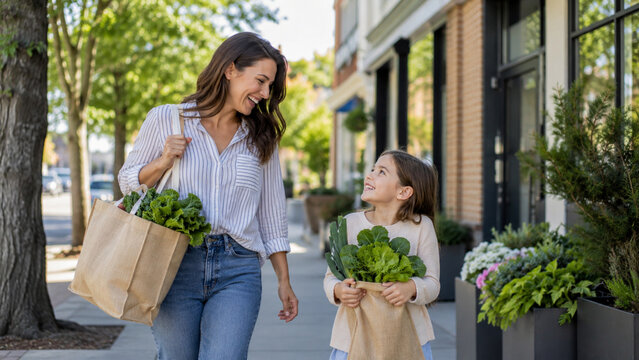 European American parent and child carrying reusable grocery bags