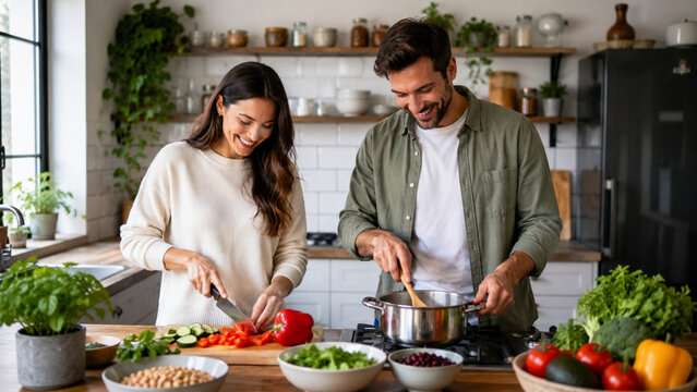 European American couple cooking plant based meal in bright kitchen