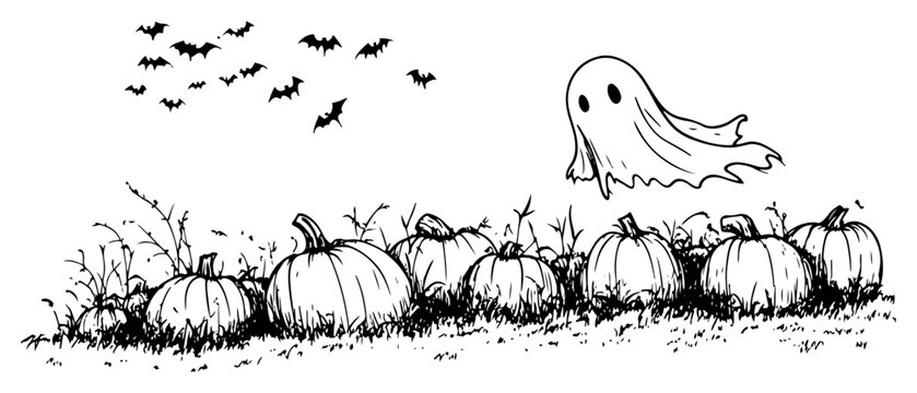 Ghost flying over pumpkin patch with bats in sketch style