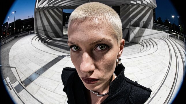 Alternative Woman with Shaved Head in Urban Space