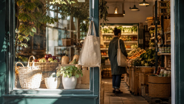 Local grocery storefront with produce and reusable bags for ESG retail