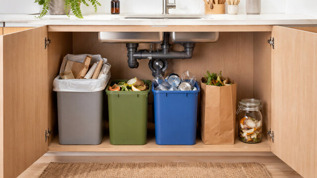 Organized under sink recycling and compost setup in tidy kitchen