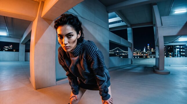 Woman in Athletic Stance Under Urban Bridge at Night