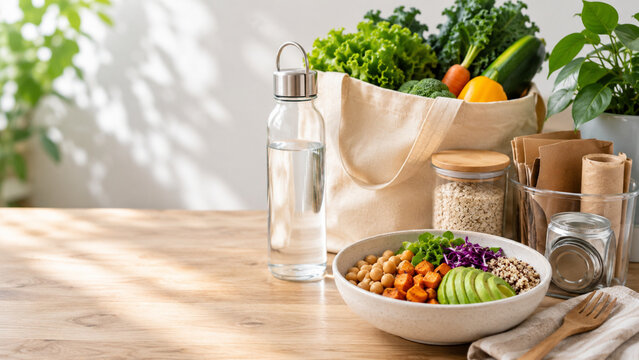 Reusable bag refill bottle recycling and plant based meal ESG concept