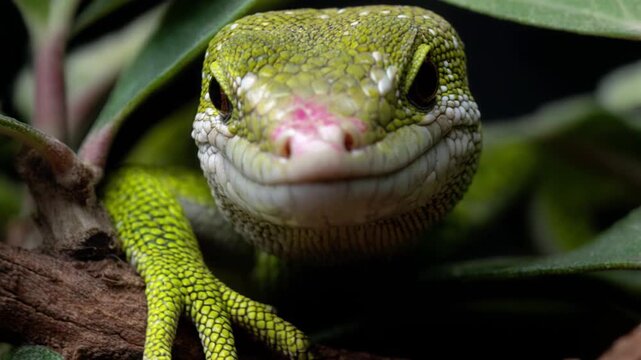 Close up of a vibrant green lizard with its tongue out macro shot