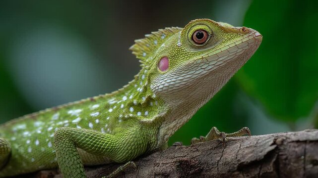 Close up of green lizard on branch with textured skin and natural setting