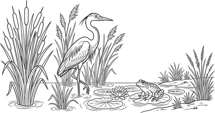 Detailed black and white vector illustration of heron, frog, lily, cattails, and reeds in natural wetland pond ecosystem scene