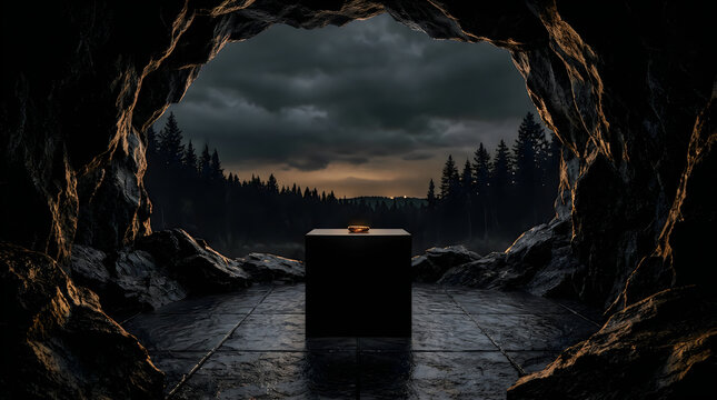 dramatic cave entrance, dark tunnel, mysterious landscape, cloudy sky