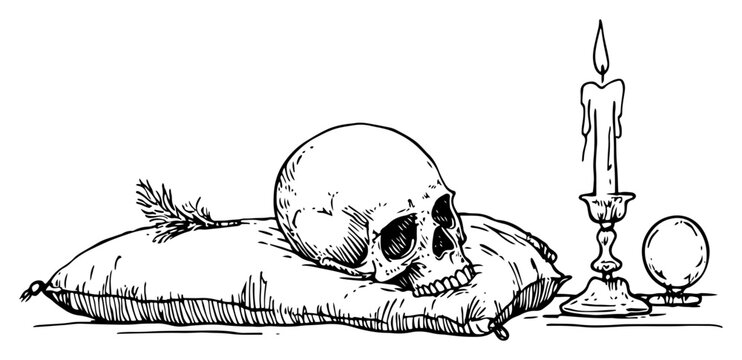 Human skull resting on pillow with burning candle and crystal ball in vintage engraving style