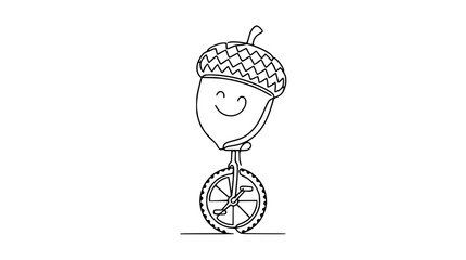 Cute acorn character riding a unicycle, simple line art, happy expression, isolated on white background © Wachidatun