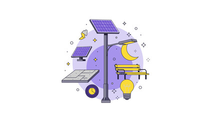 Obraz premium Smart City Solar Street Light and Renewable Energy Illustration. Sustainable Urban Lighting Infrastructure with Solar Panels and Eco Icons in Flat Line Art Style.