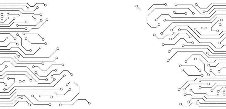 An illustration of a flat microelectronics circuit board banner isolated on transparent background. The geometric offset retro printed texture of digital, computer, or high-tech technology