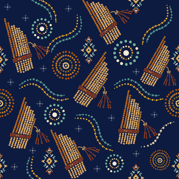 Modern Folk Dot Seamless Pattern with Traditional Khaen Instrument and Geometric Textile Motifs Flat Vector Illustration	