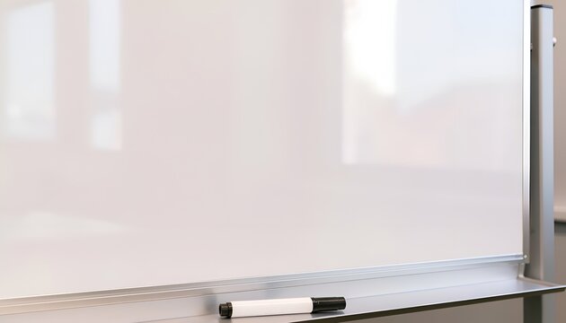 Clean empty whiteboard with a single marker in a bright classroom setting.