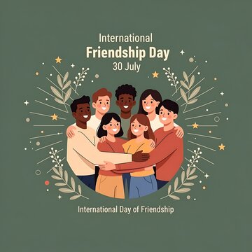 International Friendship Day illustration with diverse group of people embracing vector graphics