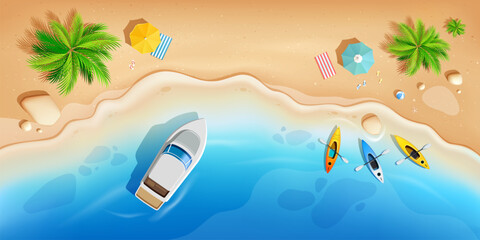 Fototapeta premium Summer holiday, sea and beach coconut trees, boat, beach umbrella banner design Landscape background
