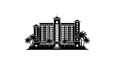 Resort building stands tall with palm trees and architectural details representing a luxury travel destination. © ocil