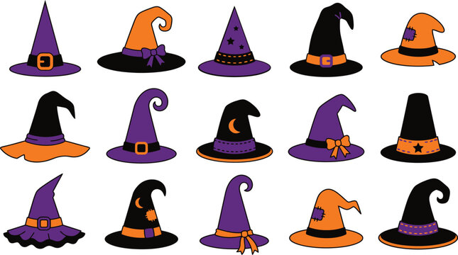 Halloween witch hats collection in vibrant colors