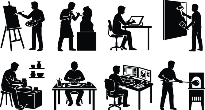 Artists and creative professionals vector silhouette set featuring painting pottery sculpting digital design and glassblowing crafts