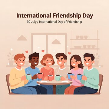 International Friendship Day illustration with diverse friends enjoying coffee together