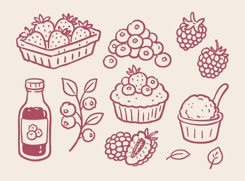 Berry dessert doodle vector illustration with hand drawn fruit icons and sweet food elements