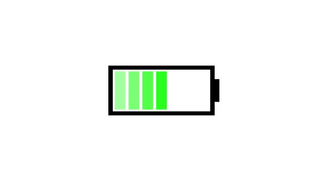 Battery indicator decreasing from full to empty on white background icon animation