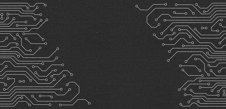An illustration of a white flat microelectronics circuit board banner on black background. The geometric offset retro printed texture of digital, computer, or high-tech technology