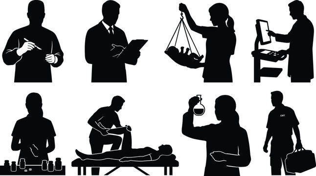 Medical professionals silhouettes set including surgeon doctor pharmacist physical therapist and scientist icons isolated on white background