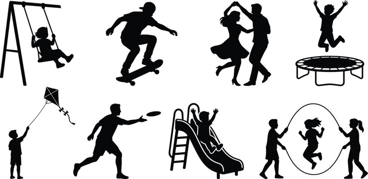 Recreational Activity Silhouette Icons Showing Swing Skateboard Dancing Trampoline Kite Frisbee Slide and Jump Rope