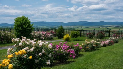 Obraz premium Beautiful Blooming Garden with Colorful Roses Against a Scenic Mountain Landscape and Clear Blue Sky