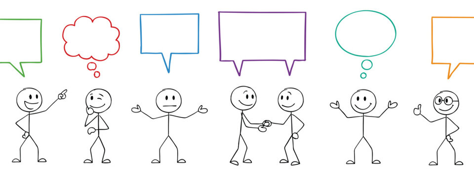 Stick figures interacting with colorful speech bubbles and thought clouds on a plain white background, for communication concepts