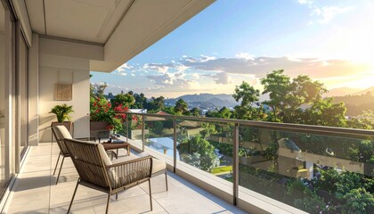 Fototapeta premium Modern balcony overlooking a beautiful landscape at sunset.