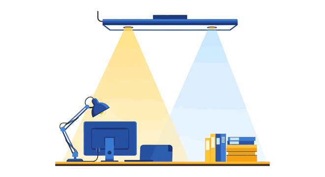 Modern Flat Vector Illustration of a Workplace with Computer Monitor, Desk Lamp, and Overhead Spotlights