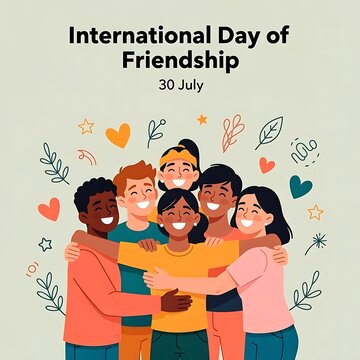 International Friendship Day illustration with diverse group of friends hugging colorful vector graphics