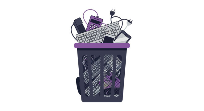 E-Waste Recycling Concept Illustration: Electronics Trash Bin with Keyboards, Smartphones, and Cables - Sustainability and Environmental Pollution Vector Art