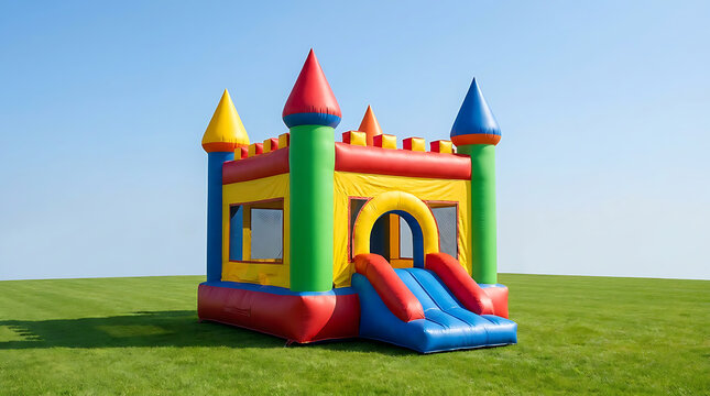 Brightly colored inflatable bounce house on a sunny green lawn for lively children's parties