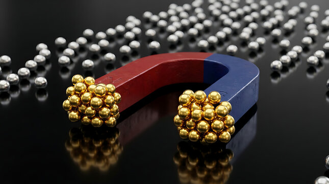 Horseshoe magnet attracting tiny metal balls, demonstrating magnetic force attraction concept