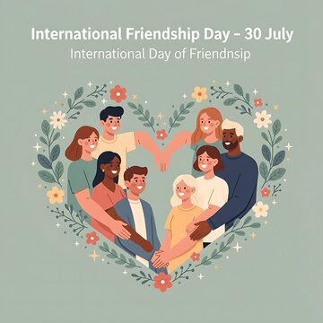 International Friendship Day illustration with diverse people and floral heart wreath