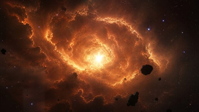Cosmic Dance of Nebula and Asteroids: A breathtaking visualization of a swirling, fiery nebula, resembling a cosmic whirlpool, with scattered asteroids drifting in the vast expanse of space.