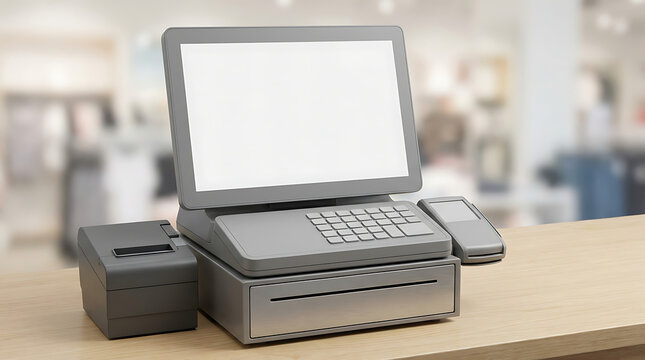 Modern POS System with Digital Touchscreen Monitor Placed on a Retail Shop Countertop Surface