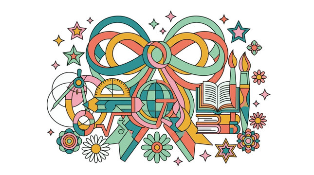 colorful educational science and technology vector illustration with books gears and armillary sphere for learning concepts
