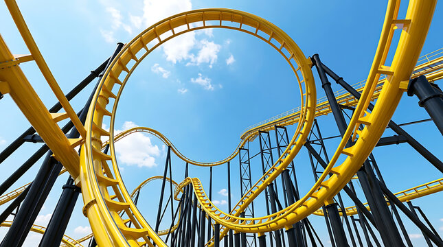 Thrilling Yellow Roller Coaster Rails Loop Against Clear Blue Sky background