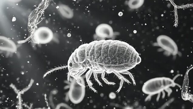 Dust mites drifting through floating particles in a dark transparent environment, soft volumetric lighting revealing invisible airborne life